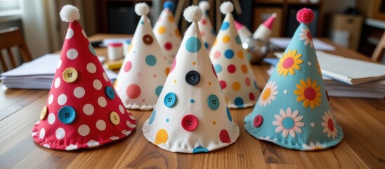 Colorful party hats arranged on a wooden table for festive celebrations.