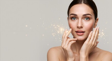 Woman with glowing skin on face and hands. Beauty portrait with sparkling light. Youthful skin care and makeup concept for cosmetics.