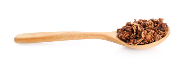 Tasty granola with chocolate chips in spoon isolated on white