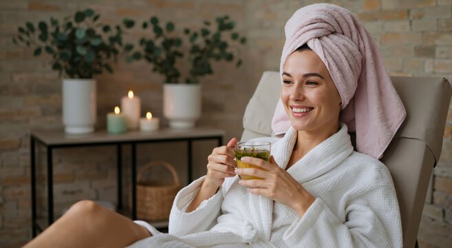 Woman relaxing on recline chair with a towel on head, drinking herbal tea. Spa and wellness concept for peace and self-care.