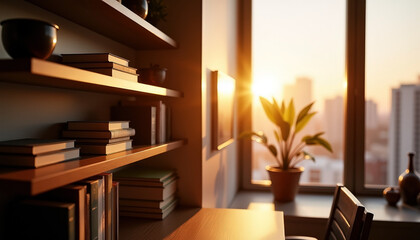 Fototapeta premium Cozy home office at sunset with bookshelf and indoor plant in modern apartment with copy space; tranquil workspace