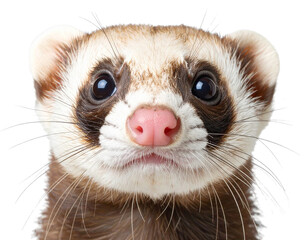Front-Facing Ferret Face with Pink Nose and Whiskers, isolated