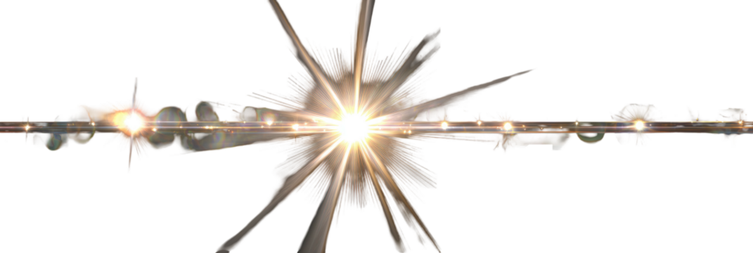 Bright, central light source emits radiating flares and lens reflections, set against a stark black background