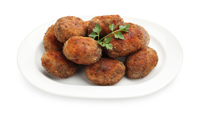 Tasty meat patties with parsley isolated on white