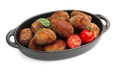 Tasty meat patties with tomatoes isolated on white