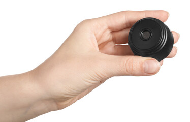 Woman with hidden spy camera on white background, closeup