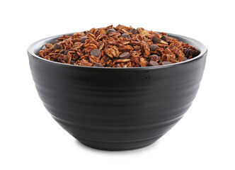 Delicious granola with chocolate chips in bowl isolated on white