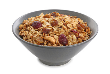 Delicious granola with dried fruits and nuts in bowl isolated on white