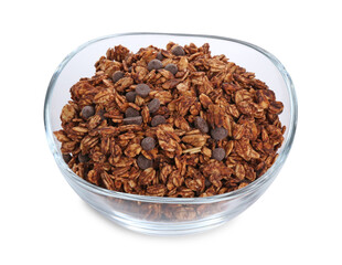 Delicious granola with chocolate chips in bowl isolated on white