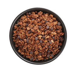 Delicious granola with chocolate chips in bowl isolated on white, top view