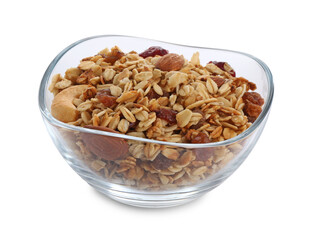 Delicious granola with dried fruits and nuts in bowl isolated on white