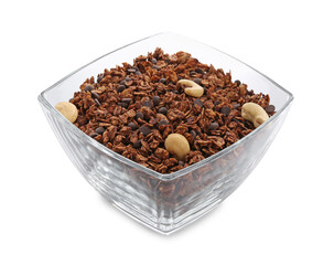 Delicious granola with chocolate chips and nuts in bowl isolated on white