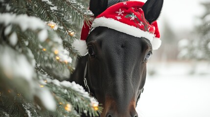 Festive black horse wearing a cheerful Christmas red hat in a snowy outdoor scene by spruce trees