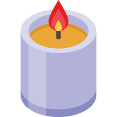 A Lighted Candle in a Cylindrical Holder with a Yellow Flame and Orange Center on a Transparent Background