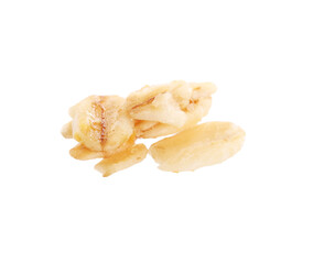 Delicious granola in air against white background