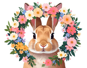  Front-Facing Rabbit with Flower Crown Wreath, vector-style clipart, isolated