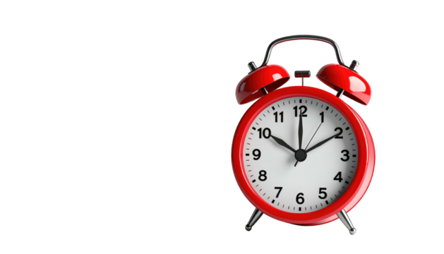 Red alarm clock with chrome bells and legs, against black background. Minute hand close to 10 after 12