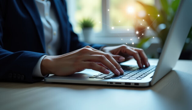 Hands of businesswoman typing on laptop in bright modern office. Light flares and glowing connection lines above keyboard symbolize communication and technology. Productive digital workflow.. - Powered by Adobe