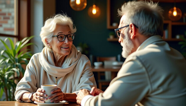 Senior couple enjoying coffee and conversation in cozy cafe setting with warm lighting