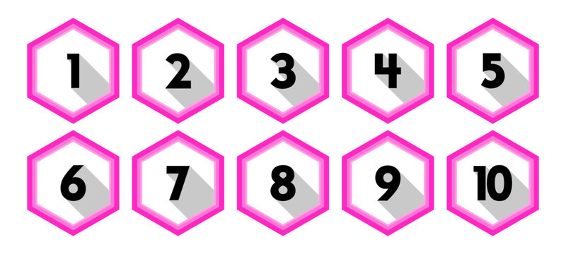 Numbered Hexagonal Icon Set 1 to 10 with Long Shadow Effect