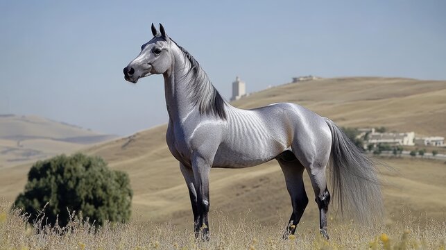 Majestic Arabian Horse Stands Gracefully in Pastoral Landscape Under Clear Blue Sky, Purebred Beauty
