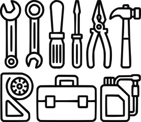 Obraz premium Automotive Tools Outline Icons Set Wrenches, Screwdrivers, and Garage Equipment Line Art