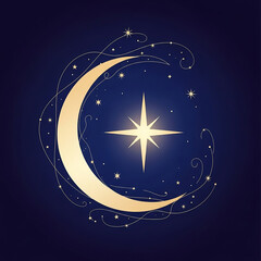 Golden Crescent Moon and Star, Magical Night Sky Symbol