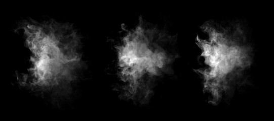 Realistic white smoke clouds isolated on black background, perfect for visual effects, graphic design, overlays, or abstract backgrounds. High-resolution vapor texture ideal for creative projects.
