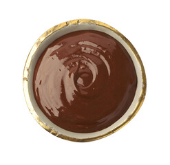 Tasty melted chocolate in bowl isolated on white, top view