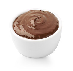 Tasty melted chocolate in bowl isolated on white