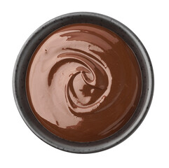Tasty melted chocolate in bowl isolated on white, top view