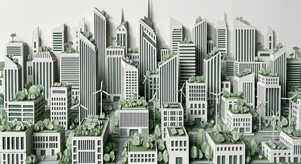 A miniature papercraft model of a sustainable city with green rooftops and wind turbines.