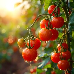 Ripe, glistening tomatoes hang from a vine, bathed in warm sunlight