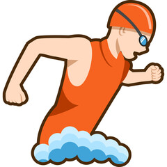 Person In Orange Swimsuit With Goggles And Cap Running Through Blue Water Waves Motion Graphic A Stylized Vector Icon With A Transparent Background And A Solid Brown Outline