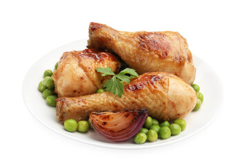 Grilled chicken drumsticks, green peas, onion and parsley isolated on white