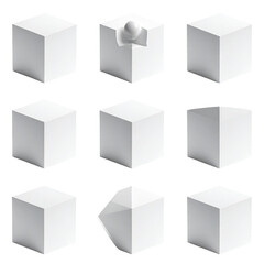 Nine white cubes in array, one deformed/peeled