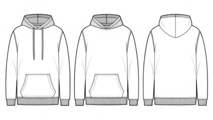 Fashion flat sketch of a hoodie with front, side, and back views isolated on transparent background
