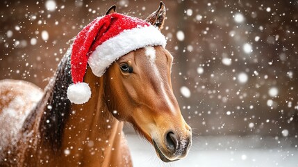 Ginger horse in a Santa hat surrounded by snowflakes, joyfully celebrating the holiday season.