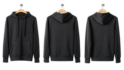 Black hoodie shown in front, back, and side views isolated on transparent background