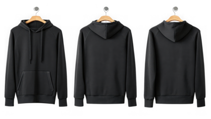 Black hoodie shown in front, back, and side views isolated on transparent background