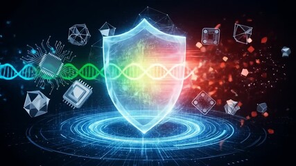 Futuristic digital shield protecting a DNA helix from viral threats, representing cybersecurity and genetic data protection - Powered by Adobe