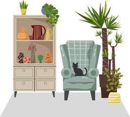 Black cat sitting on green armchair next to bookshelf with vases and potted plant. Cozy room interior with domestic animal for home decor concept. Vector illustration