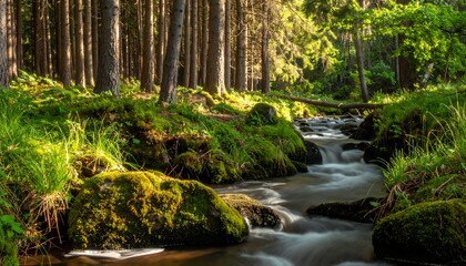 Long exposure stream flows through a forest with moss-covered rocks, grass, and tall trees, bathed in sunlight
