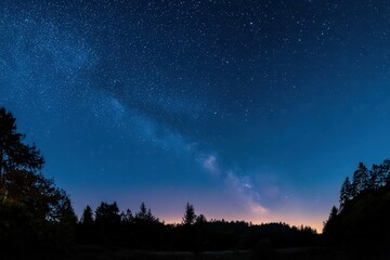 Night Sky Illuminated With Numerous Stars Above a Dark Forest Silhouette in Blue and Black