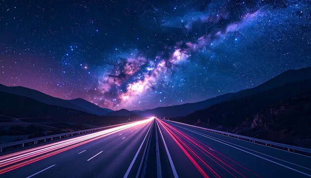 Long exposure road view with light trails under a starry sky and distant mountains. Night scene aesthetic photo