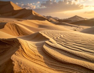 Rolling sand dunes, illuminated by golden light at sunrise