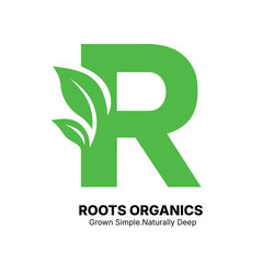 Roots organics logo with green leaf and text