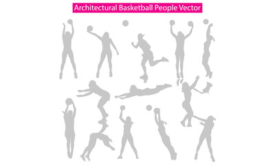 Architectural Sports People Vector set showing football, basketball, and tennis players in outline style. Perfect for architectural drawings, sports concept designs, and planning illustrations.