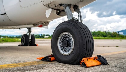 Low-angle view of an airplane wheel with orange wheel chocks on a concrete runway against a cloudy sky backdrop