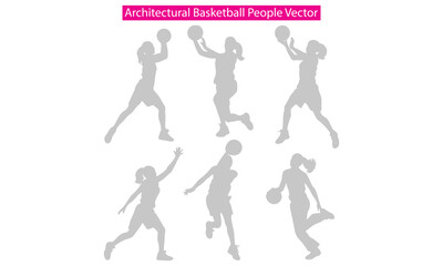 Architectural Sports People Vector set showing football, basketball, and tennis players in outline style. Perfect for architectural drawings, sports concept designs, and planning illustrations.